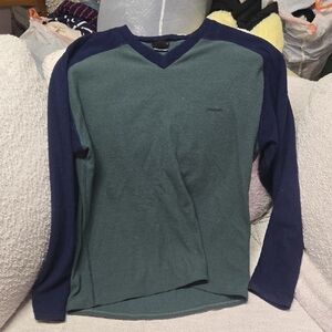 Patagonia (Med)Men's Green and Navy Sweater (Retro) V Neck Heavy Weight Fleece